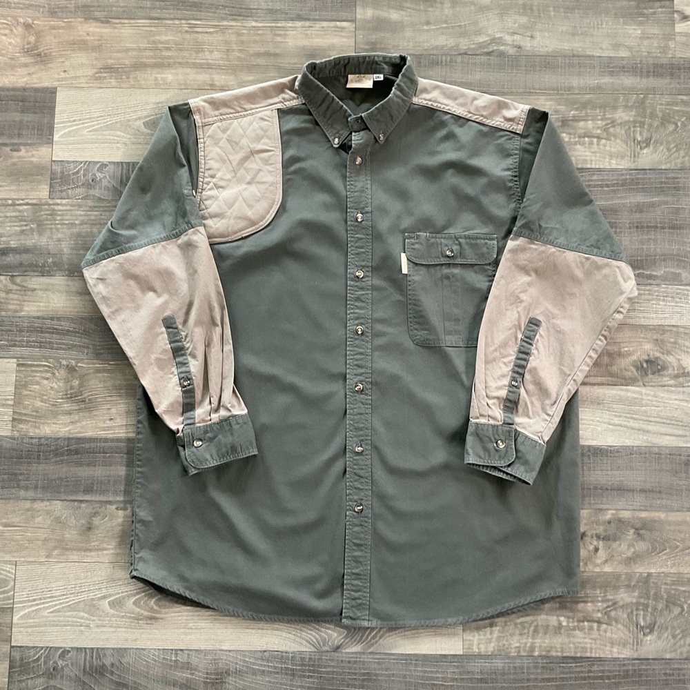 VTG Tag Shooting Long Roll Tab Sleeve Shirt Men’s 2XL Green Tan Padded Shoulder